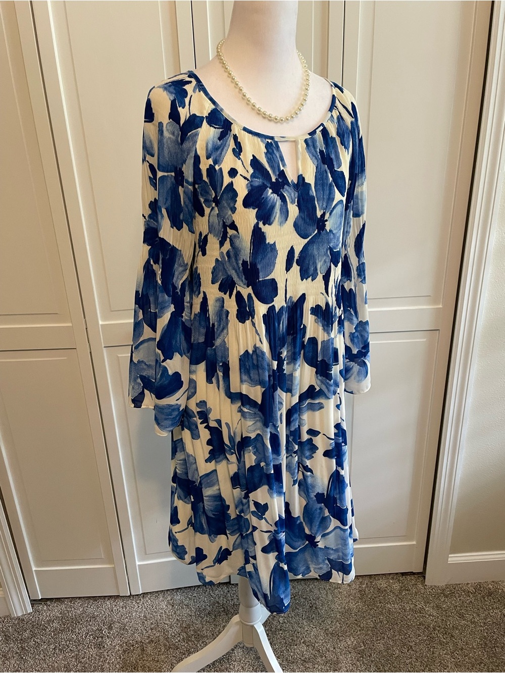 Ninety White and Blue Floral Midi Dress